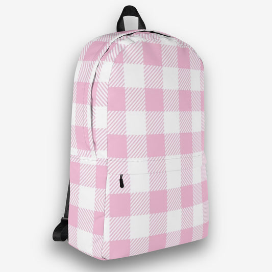 Angled view of a pink and white gingham-check backpack showing the zippered front pocket and side profile.