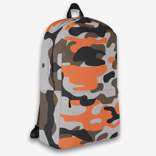 Full front view of a camouflage backpack suitable for outdoor activities and daily use.