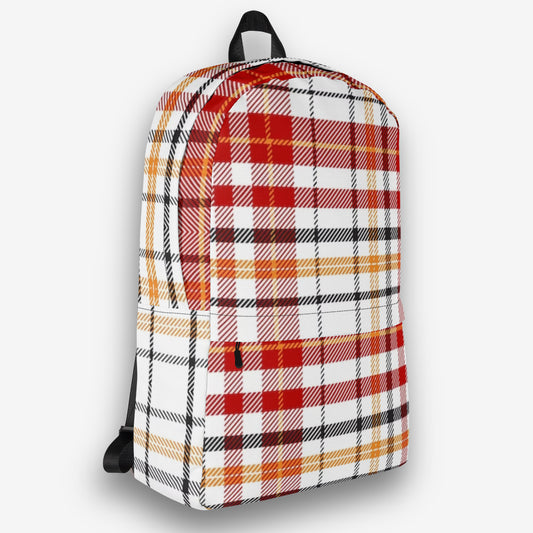 Three-quarter side angle view of a fashionable backpack with a prominent tribal pattern and ample storage capacity.