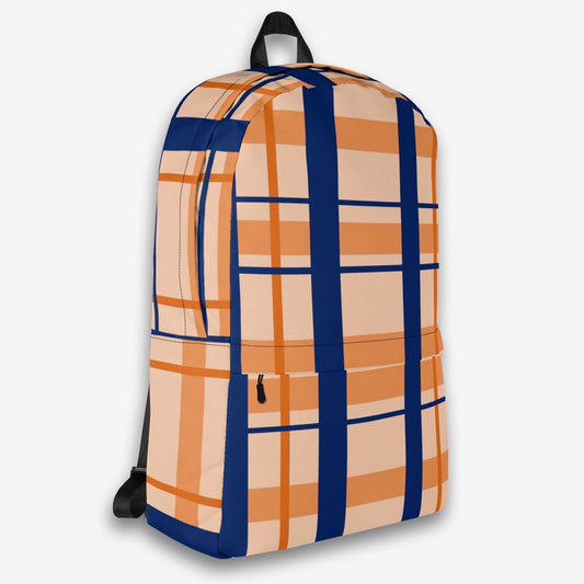 Right side view of a backpack adorned with a beige and blue striped pattern, highlighting the fabric's weave and side pocket detail.