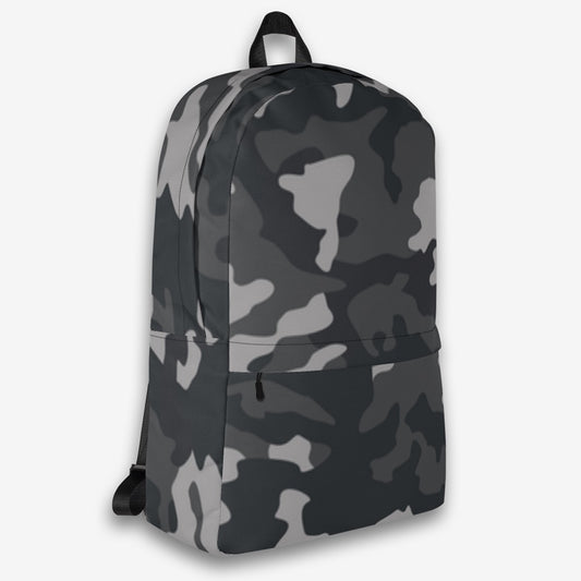Right side view of a gray and black camouflage all-over print backpack with visible side compartment.