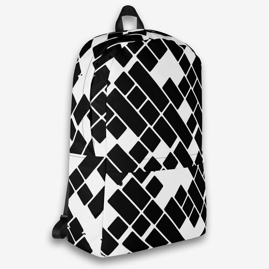 Front right view of a fashionable backpack with a unique black and white geometric cube pattern and durable fabric.