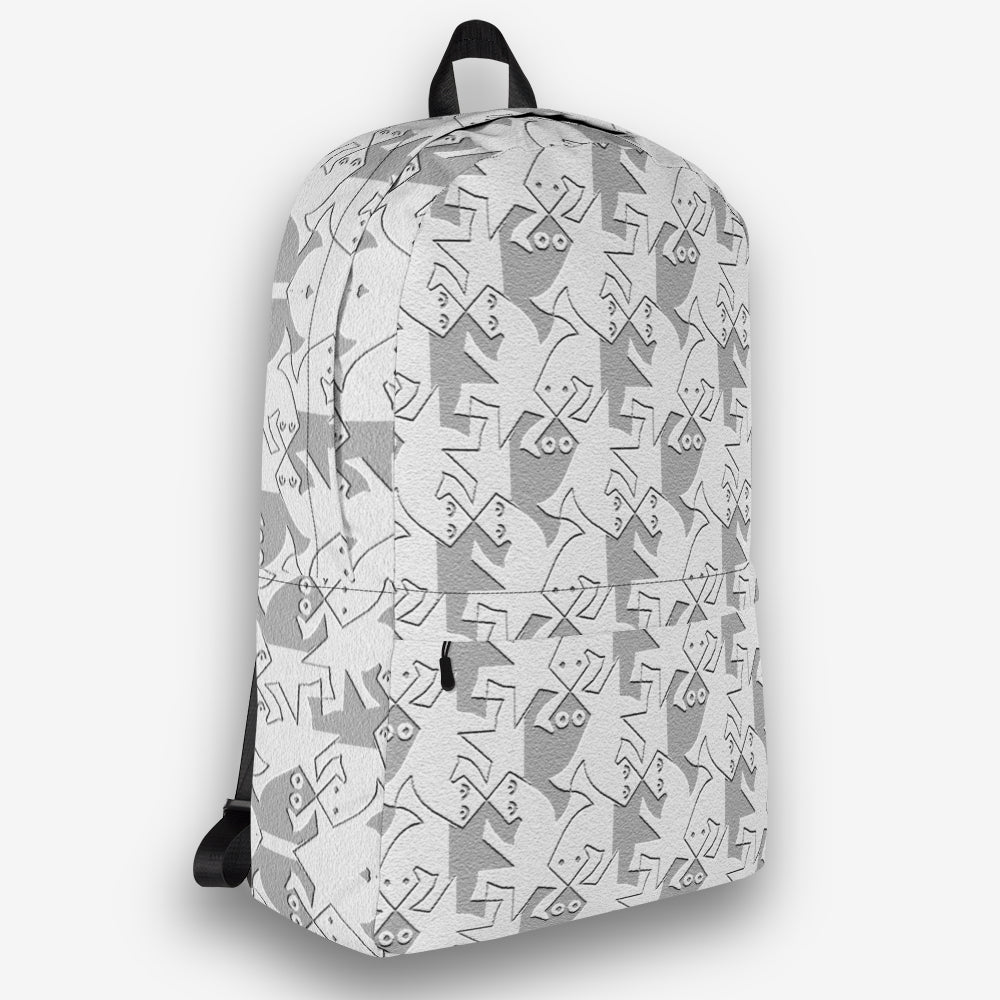 Right side view of a backpack with a black-and-white geometric pattern and black trim.