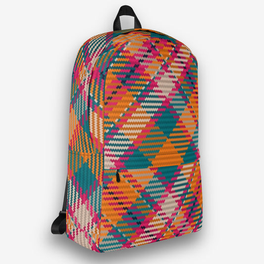 Right side view of a backpack with a tribal pattern in bright, cheerful colors, featuring a sturdy side pocket and a zip closure.