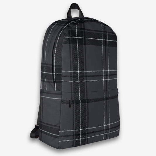 Right side view of a black and gray plaid backpack with a side pocket and black trim.