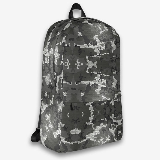 Full view of the all-over print backpack, displaying the cohesive design with an eye-catching abstract pattern and functional features.