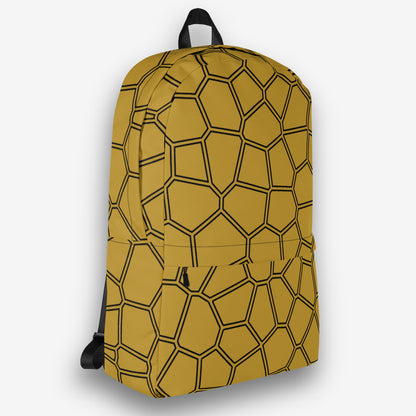 Opposite side view of the yellow honeycomb backpack with a side pocket and honeycomb pattern continuing on the sides.