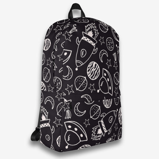 Front right view of a contemporary black and white geometric backpack with emphasis on the comfortable strap design.