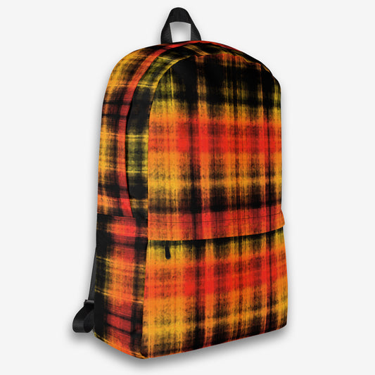 Angled rear view of a plaid print backpack showing off the contoured shoulder straps and handle.