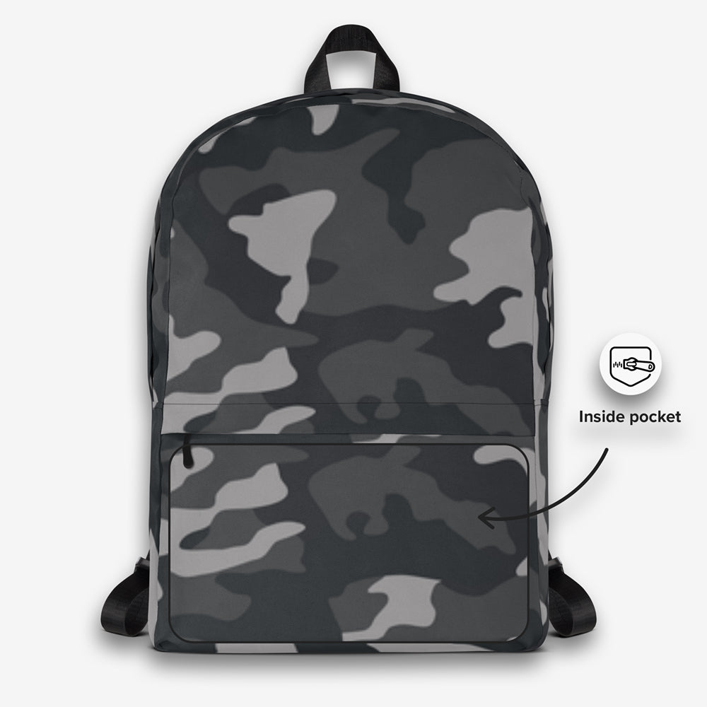 Stylish front view of a gray and black camouflage all-over print backpack with front storage pocket and zipper.