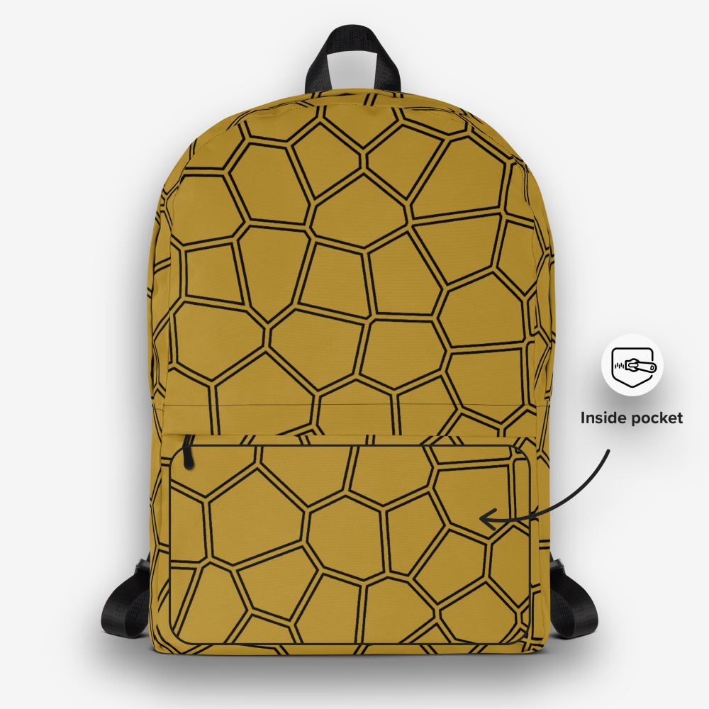 Front view of a yellow honeycomb backpack featuring a front pocket with a black zipper and an inside pocket icon.