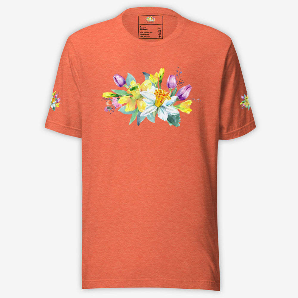 Heather Orange Unisex T-Shirt with Watercolor Flower Illustration – Front View