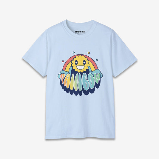 Refreshing light blue unisex t-shirt with a delightful rainbow and sun illustration from the Spring Collection.
