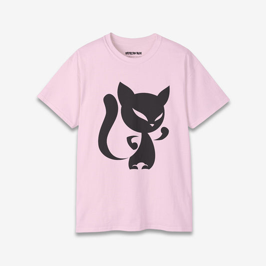 Pink T-shirt with Bold Black Cat Graphic