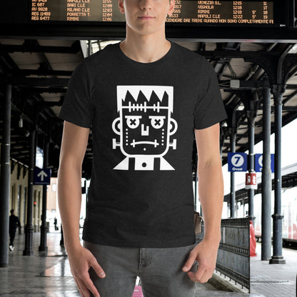 Front view of a unisex black t-shirt with a unique white abstract face design on the upper center.