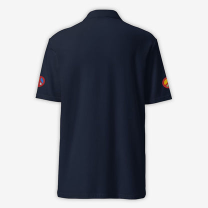 Unisex navy polo shirt with peace sign embroidery on back view.