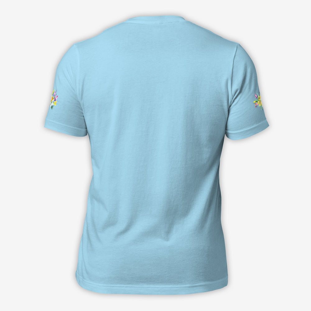 Ocean Blue Unisex T-Shirt with Floral Embellishment – Back Mockup