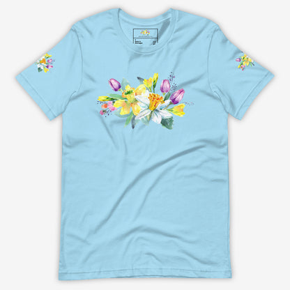 Ocean Blue Unisex T-Shirt with Flower Print – Front Wrinkled Effect