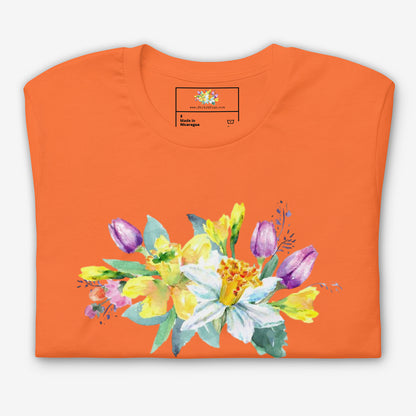 Orange Unisex T-Shirt Folded with Floral Pattern – Top View