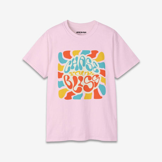 Unisex pink t-shirt with eye-catching 'Chase Your Bliss' retro-style graphics.