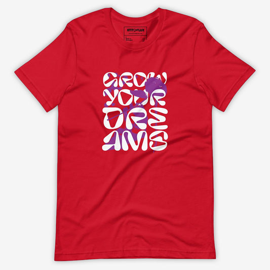 Red unisex T-shirt flat lay with 'Grow Your Dreams' graphic in purple and white