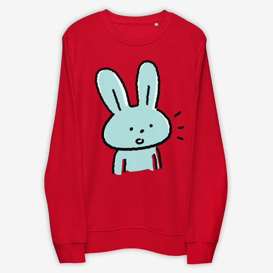 Red organic cotton sweatshirt with central bunny design, front flat lay view.