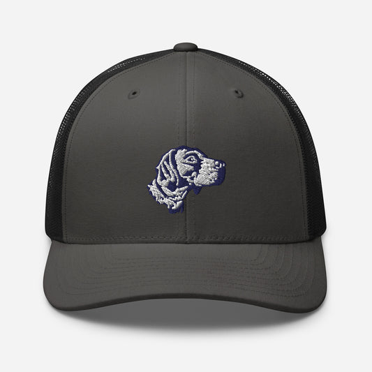 Embroidered charcoal unisex trucker cap with vintage canine design, front view.