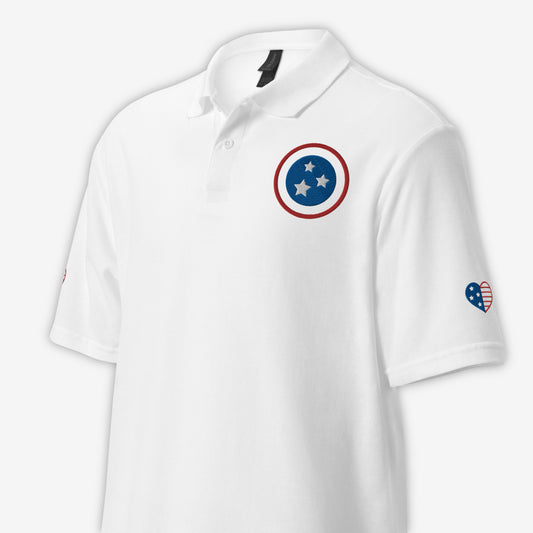 White Polo Shirt with American Flag Embroidery - Front Left View