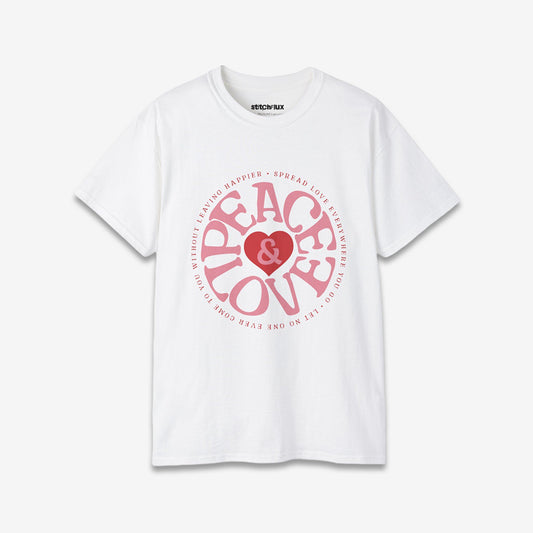 Classic white t-shirt with a bold peace and love graphic, from the Spring Collection.