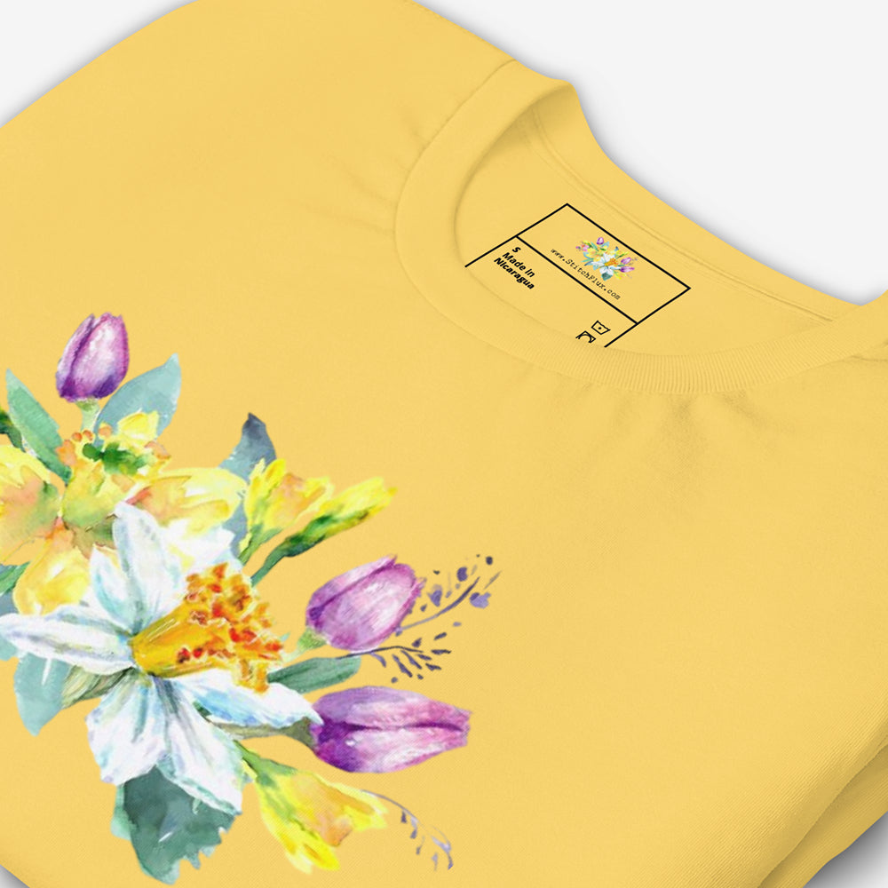 Yellow Unisex T-Shirt Angled and Folded Showing Flower Art – Top View